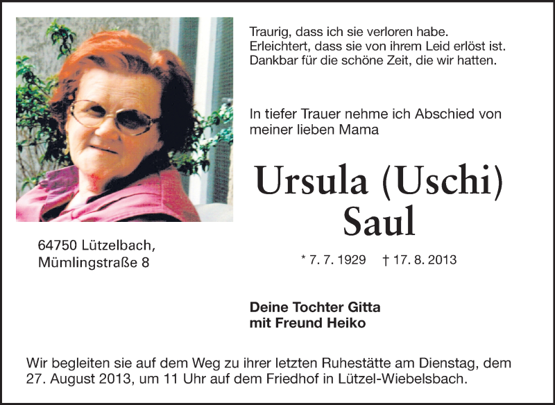  Traueranzeige für Ursula Saul vom 23.08.2013 aus Odenwälder Echo