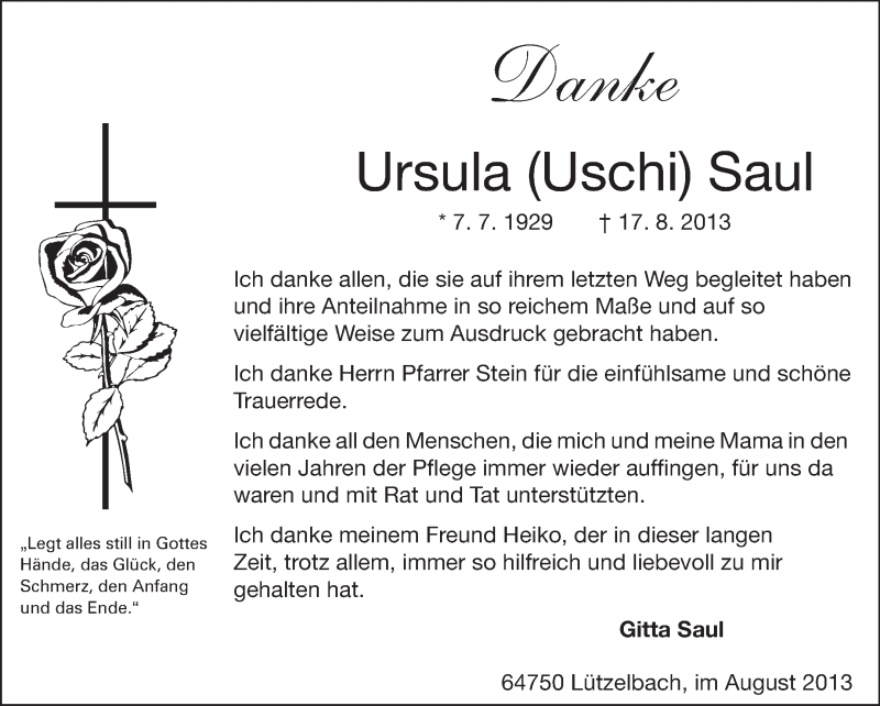  Traueranzeige für Ursula Saul vom 06.09.2013 aus Odenwälder Echo