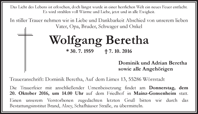  Traueranzeige für Wolfgang Beretha vom 15.10.2016 aus Trauerportal Rhein Main Presse