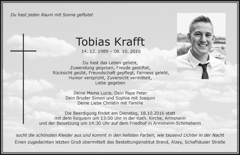  Traueranzeige für Tobias Krafft vom 15.10.2016 aus Trauerportal Rhein Main Presse