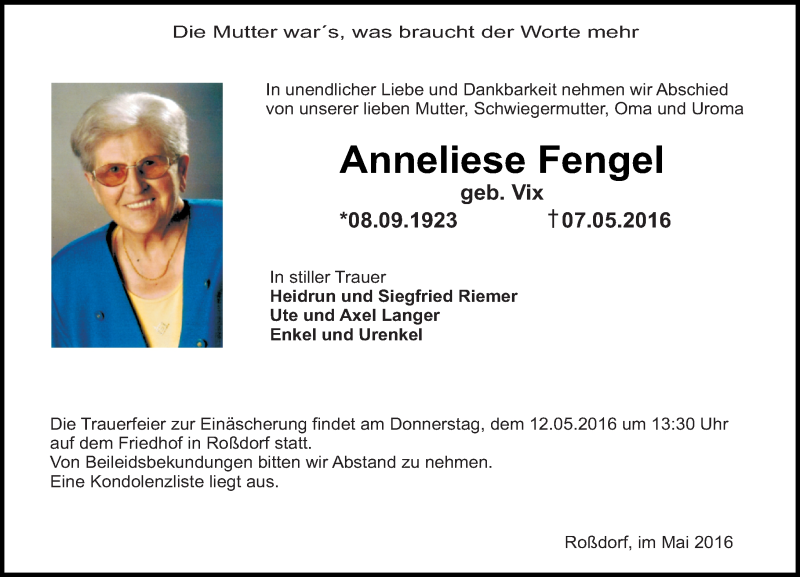  Traueranzeige für Anneliese Fengel vom 10.05.2016 aus Trauerportal Echo Online