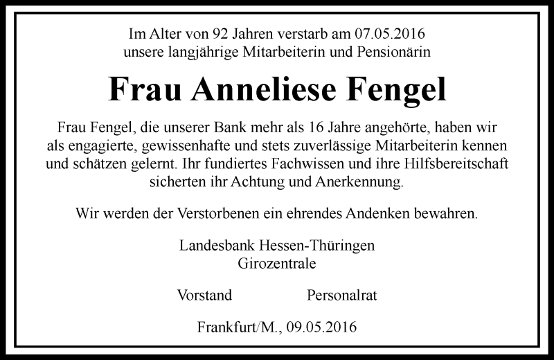  Traueranzeige für Anneliese Fengel vom 11.05.2016 aus Trauerportal Echo Online
