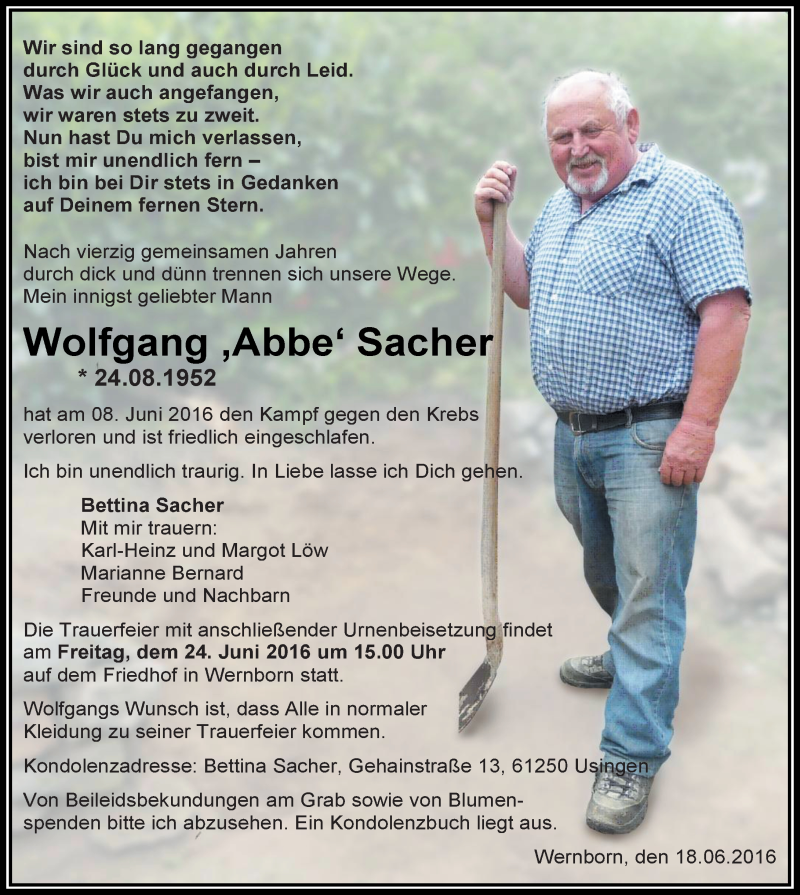  Traueranzeige für Wolfgang Sacher vom 18.06.2016 aus  Usinger Anzeiger