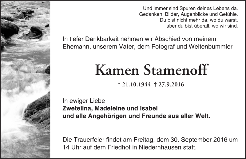  Traueranzeige für Kamen Stamenoff vom 29.09.2016 aus Trauerportal Echo Online