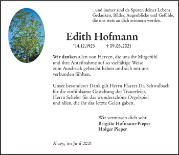 Traueranzeige von Edith Hofmann von vrm-trauer