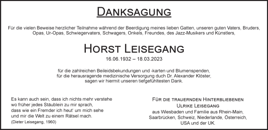 Traueranzeige von Horst Leisegang von Wiesbadener Kurier
