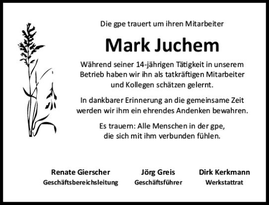 Traueranzeige von Mark Juchem von Allgemeine Zeitung Mainz