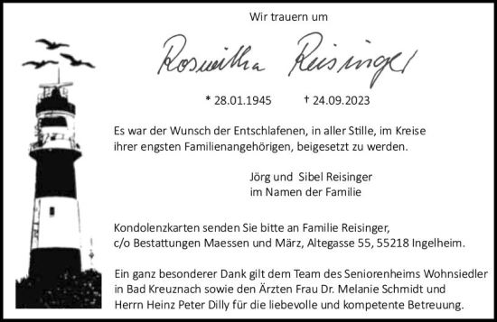 Traueranzeige von Roswitha Reisinger von Allgemeine Zeitung Bingen/Ingelheim