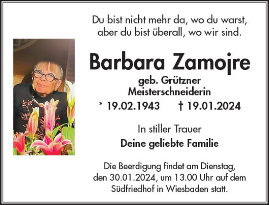 Traueranzeige von Barbara Zamojre von Wiesbadener Kurier
