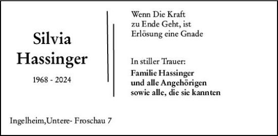 Traueranzeige von Silvia Hassinger von Binger-/Ingelheimer Wochenblatt