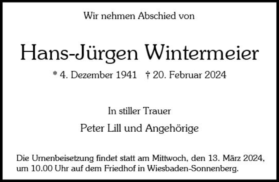 Traueranzeige von Hans-Jürgen Wintermeyer von Wiesbadener Kurier