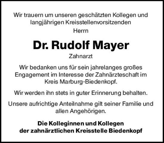 Traueranzeige von Rudolf Mayer von Hinterländer Anzeiger