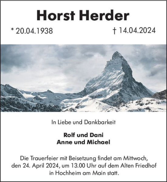 Traueranzeige von Horst Herder von Hochheimer Zeitung