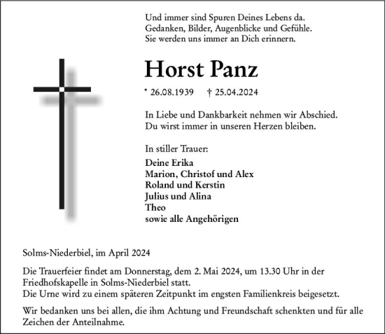 Traueranzeige von Horst Panz von Wetzlarer Neue Zeitung