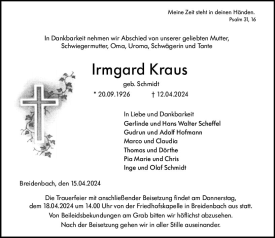 Traueranzeige von Irmgard Kraus von Hinterländer Anzeiger