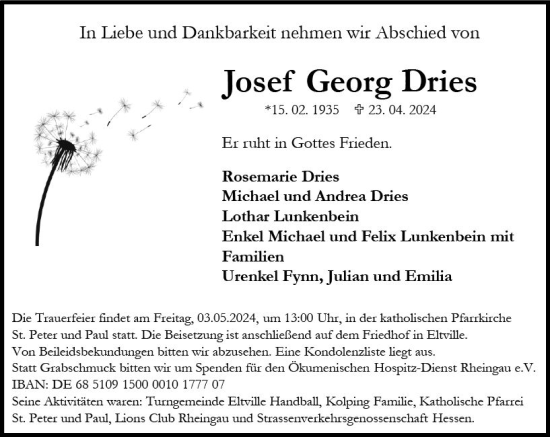 Traueranzeige von Josef Georg Dries von Rheingau Kurier
