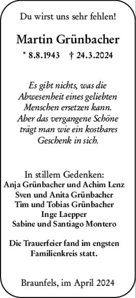 Traueranzeige von Martin Grünbacher von Wetzlarer Neue Zeitung