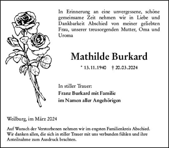 Traueranzeige von Mathilde Burkard von Weilburger Tageblatt