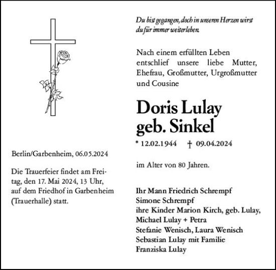 Traueranzeige von Doris Lulay von Wetzlarer Neue Zeitung