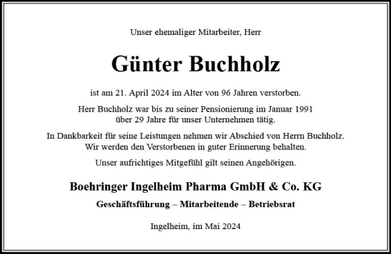 Traueranzeige von Günter Buchholz von Allgemeine Zeitung Bingen/Ingelheim