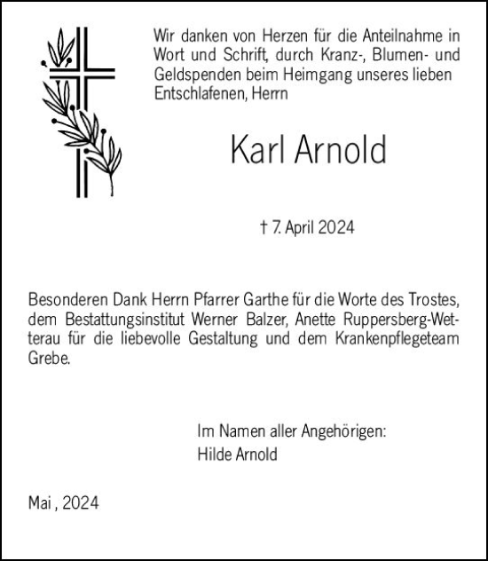 Traueranzeige von Karl Arnold von Hinterländer Anzeiger