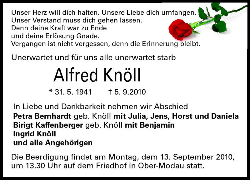  Traueranzeige für Alfred Knöll vom 11.09.2010 aus Darmstädter Echo, Odenwälder Echo, Rüsselsheimer Echo, Groß-Gerauer-Echo, Ried Echo