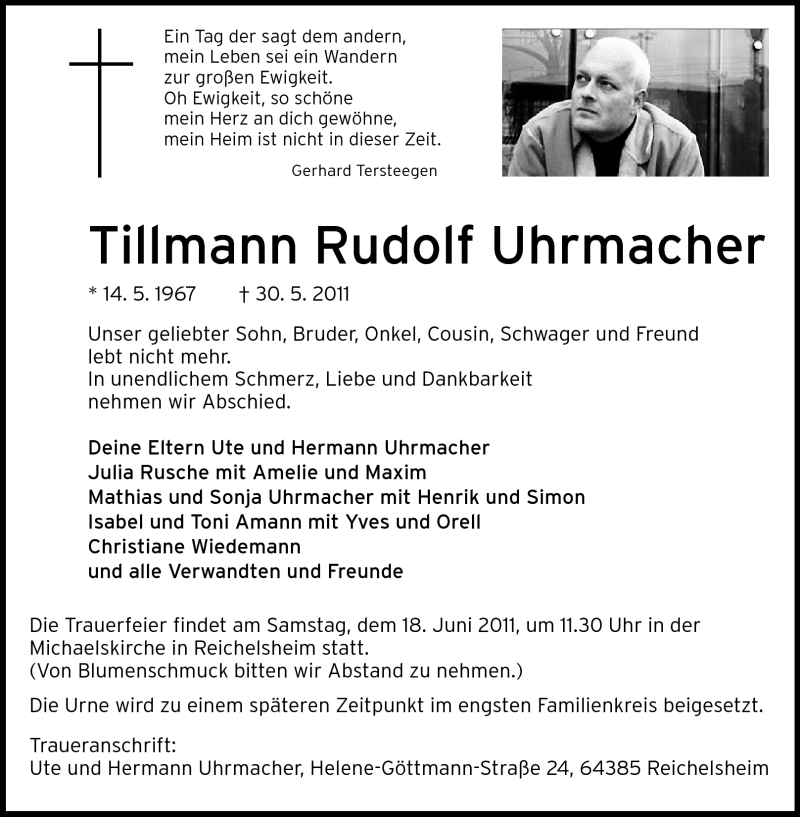  Traueranzeige für Tillmann Rudolf Uhrmacher vom 15.06.2011 aus Echo-Zeitungen (Gesamtausgabe)