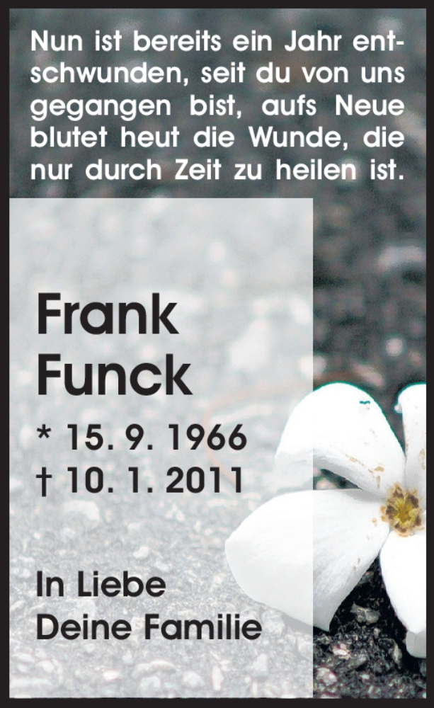 Traueranzeige für Frank Funck vom 10.01.2012 aus Echo-Zeitungen (Gesamtausgabe)