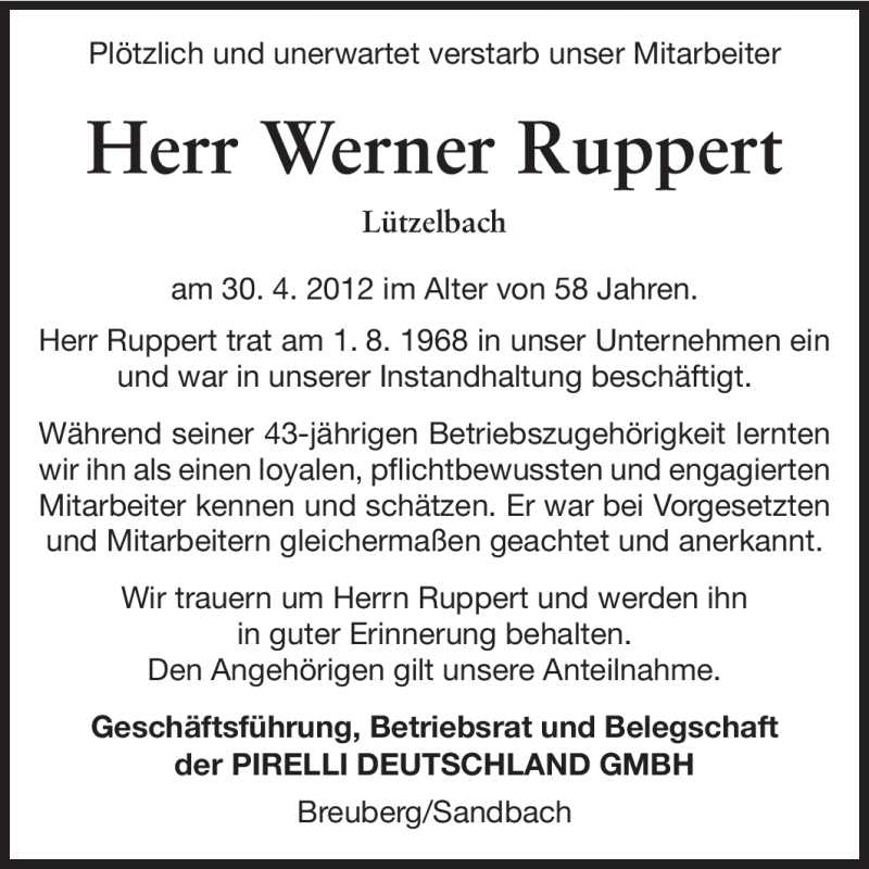  Traueranzeige für Werner Ruppert vom 05.05.2012 aus Odenwälder Echo