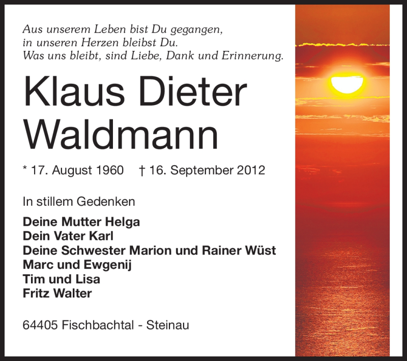  Traueranzeige für Klaus Dieter Waldmann vom 22.09.2012 aus Echo-Zeitungen (Gesamtausgabe)
