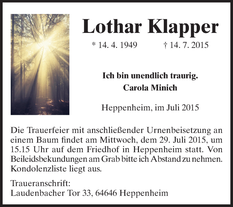  Traueranzeige für Lothar Klapper vom 25.07.2015 aus Starkenburger Echo