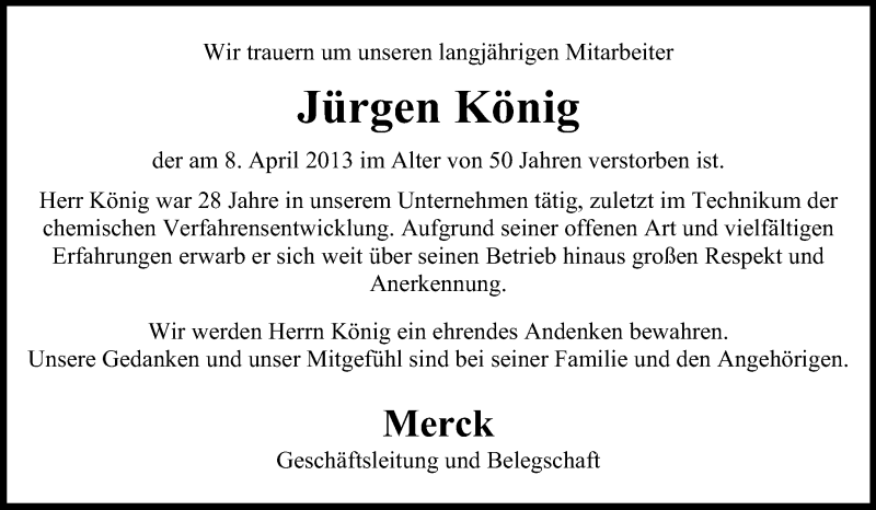  Traueranzeige für Jürgen König vom 15.04.2013 aus Echo-Zeitungen (Gesamtausgabe)