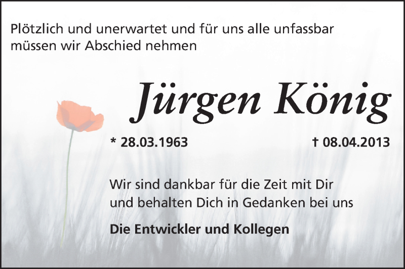  Traueranzeige für Jürgen König vom 17.04.2013 aus Echo-Zeitungen (Gesamtausgabe)