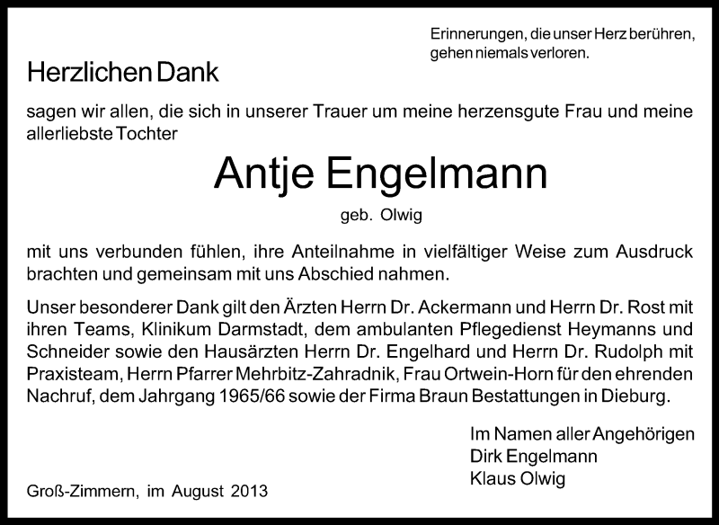  Traueranzeige für Antje Engelmann vom 03.08.2013 aus Echo-Zeitungen (Gesamtausgabe)