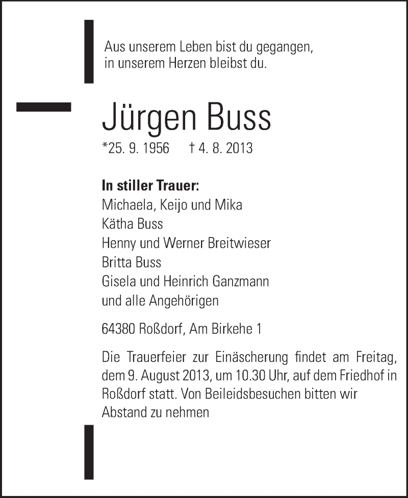  Traueranzeige für Jürgen Buss vom 06.08.2013 aus Echo-Zeitungen (Gesamtausgabe)