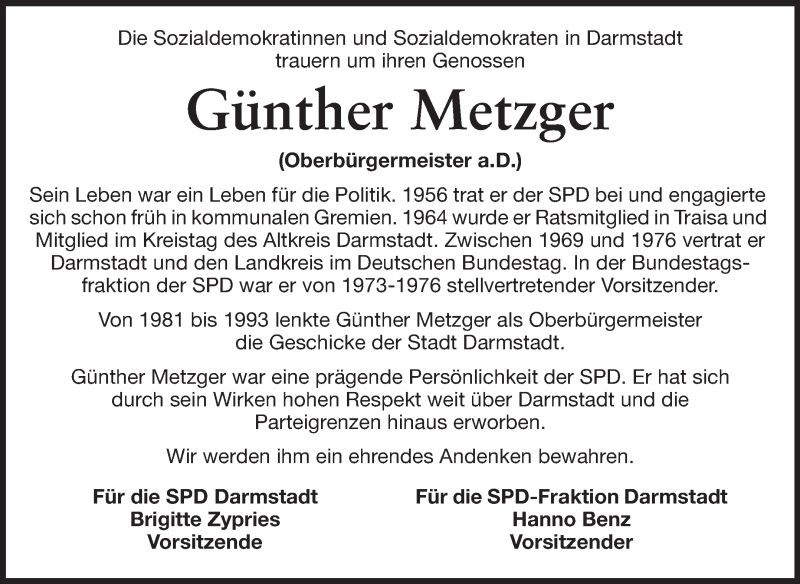  Traueranzeige für Günther Metzger vom 22.08.2013 aus Echo-Zeitungen (Gesamtausgabe)