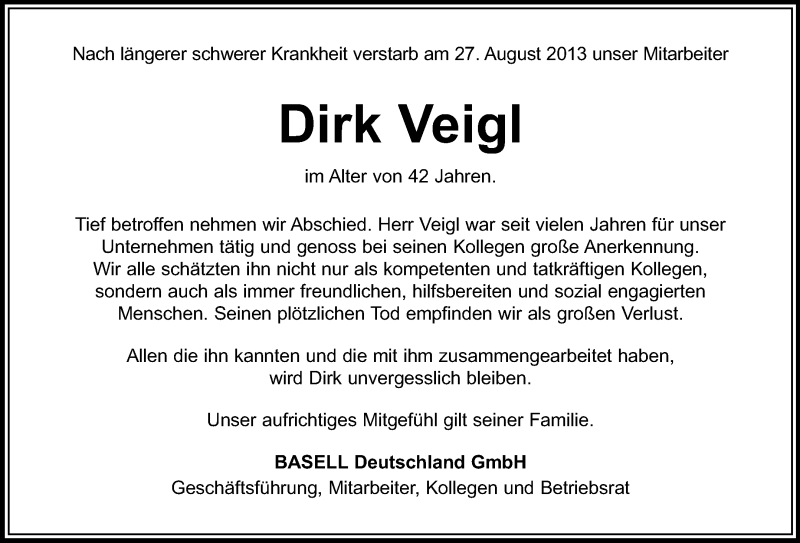  Traueranzeige für Dirk Veigl vom 31.08.2013 aus Echo-Zeitungen (Gesamtausgabe)