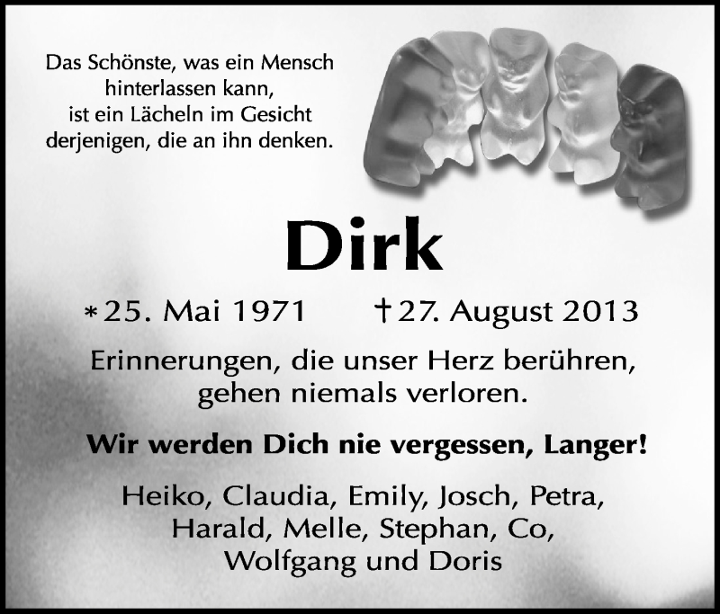  Traueranzeige für Dirk Veigl vom 31.08.2013 aus Rüsselsheimer Echo, Groß-Gerauer-Echo, Ried Echo