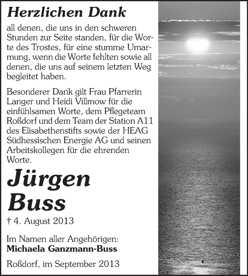  Traueranzeige für Jürgen Buss vom 14.09.2013 aus Echo-Zeitungen (Gesamtausgabe)