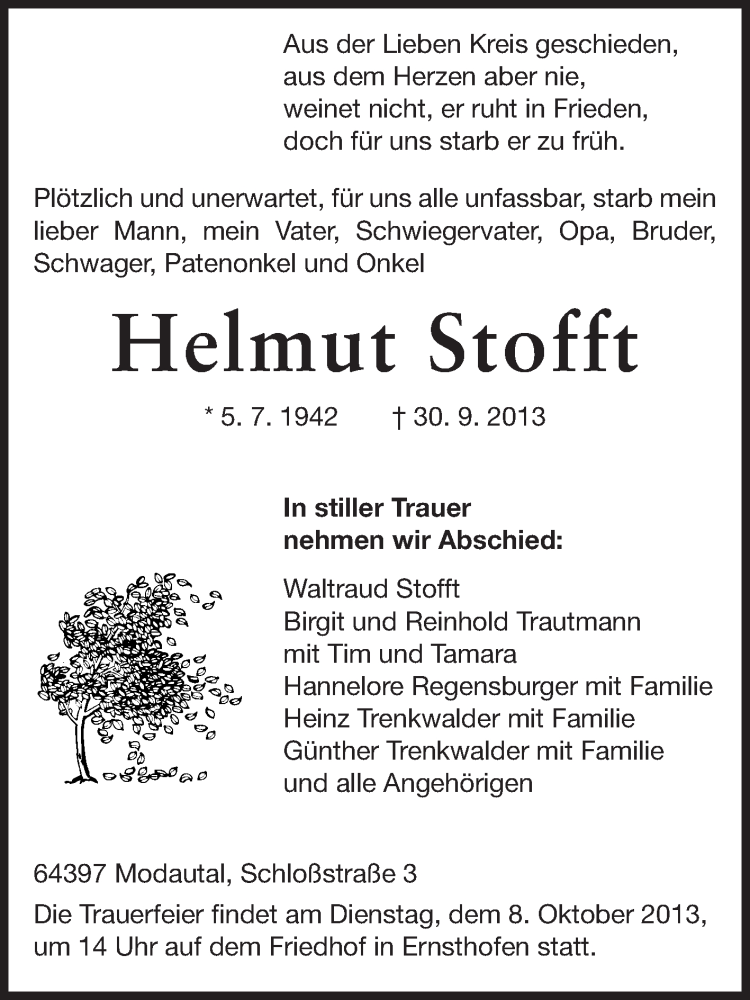  Traueranzeige für Helmut Stofft vom 05.10.2013 aus Echo-Zeitungen (Gesamtausgabe)