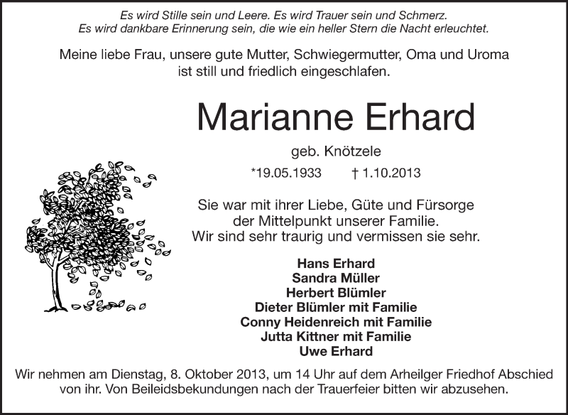  Traueranzeige für Marianne Erhard vom 05.10.2013 aus Echo-Zeitungen (Gesamtausgabe)