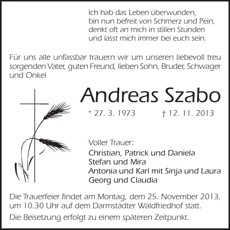  Traueranzeige für Andreas Szabo vom 20.11.2013 aus Echo-Zeitungen (Gesamtausgabe)