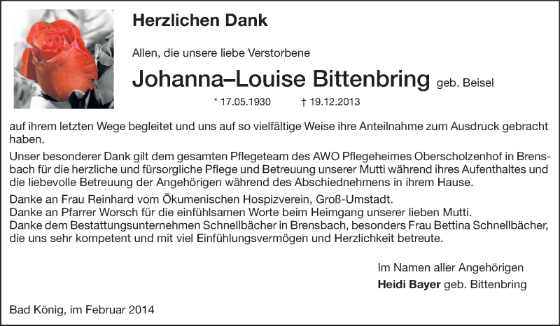  Traueranzeige für Johanna-Louise Bittenbring vom 01.02.2014 aus Odenwälder Echo