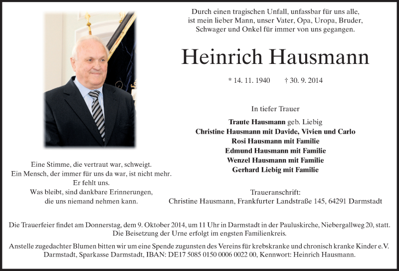  Traueranzeige für Heinrich Heini Hausmann vom 04.10.2014 aus Echo-Zeitungen (Gesamtausgabe)