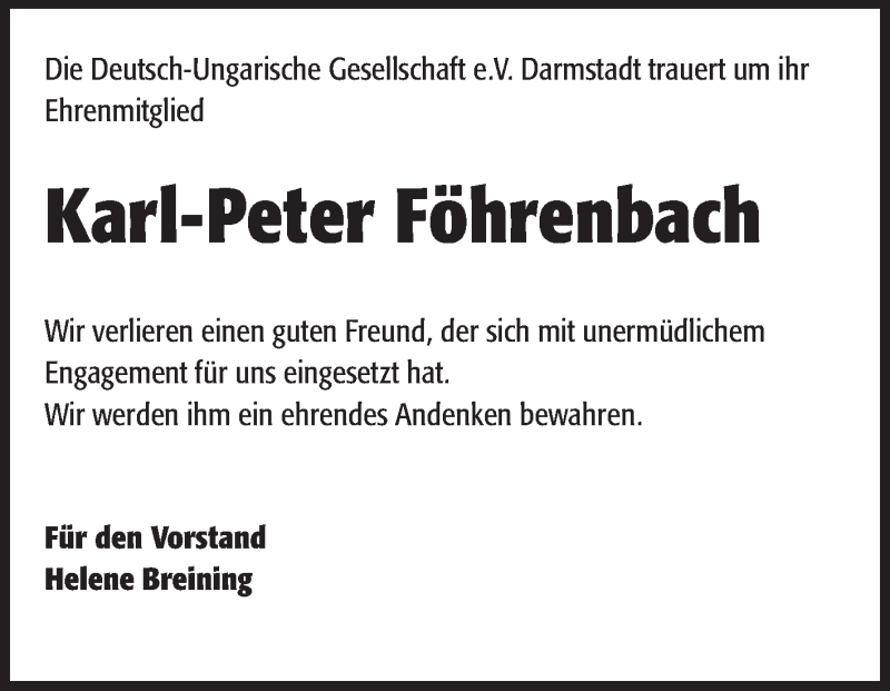  Traueranzeige für Karl-Peter Föhrenbach vom 06.10.2014 aus Echo-Zeitungen (Gesamtausgabe)