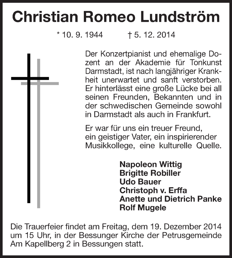  Traueranzeige für Christian Romeo Lundström vom 15.12.2014 aus Echo-Zeitungen (Gesamtausgabe)