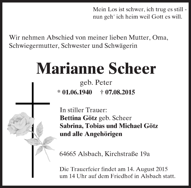  Traueranzeige für Marianne Scheer vom 13.08.2015 aus trauer.echo-online.de