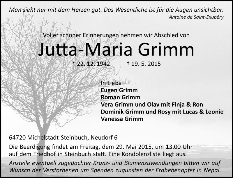  Traueranzeige für Jutta-Maria Grimm vom 23.05.2015 aus Odenwälder Echo