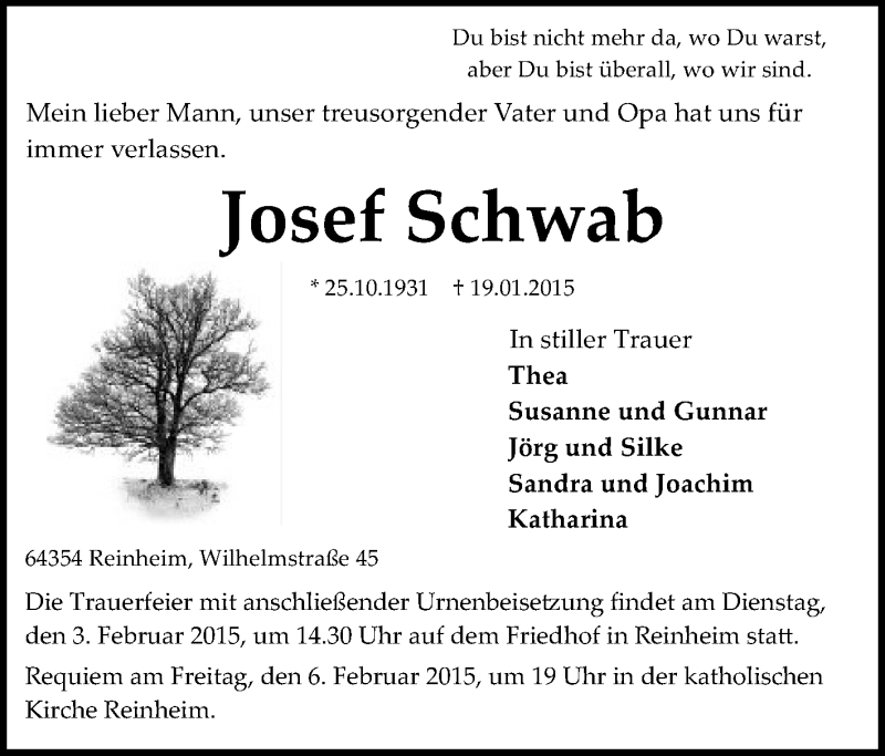  Traueranzeige für Josef Schwab vom 28.01.2015 aus Darmstädter Echo, Odenwälder Echo, Rüsselsheimer Echo, Groß-Gerauer-Echo, Ried Echo
