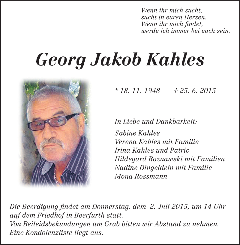  Traueranzeige für Georg Jakob Kahles vom 30.06.2015 aus Odenwälder Echo